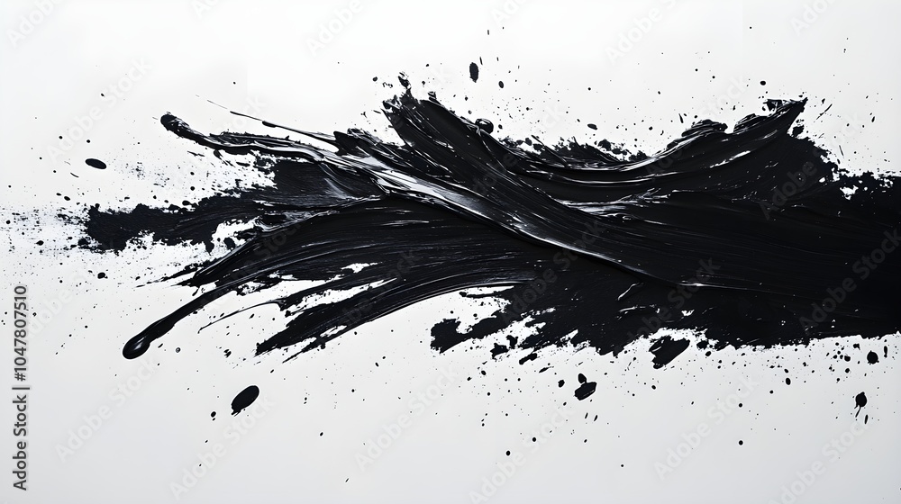 Glossy black paint strokes in a chaotic pattern on a white background, evoking emotion and movement, Chaotic black strokes, Expressive art