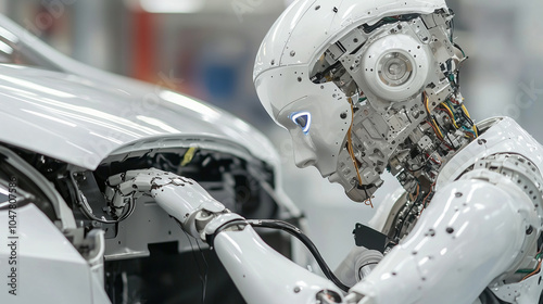 A humanoid robot with articulated limbs is seen working on vehicle, showcasing advanced technology and innovation in robotics. scene captures intricate details of robots design and its interacti photo