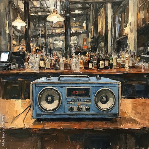 Retro boombox in a dimly lit bar, showcasing an inviting atmosphere with shelves of liquor bottles in the background.
