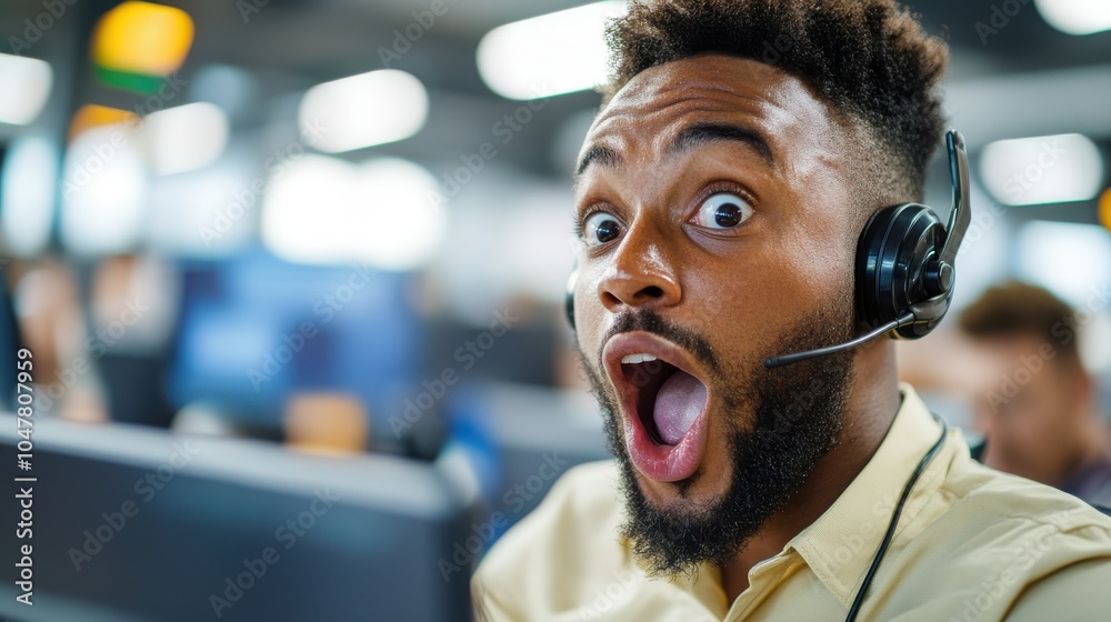 Call center agent expressing amazement with wide eyes and an open mouth, headset on, capturing a moment of shock in a busy office during a call conversation. Call center agent expressing amazement with wide eyes and an open mouth, headset on, capturing a moment of shock in a busy office during a call conversation.