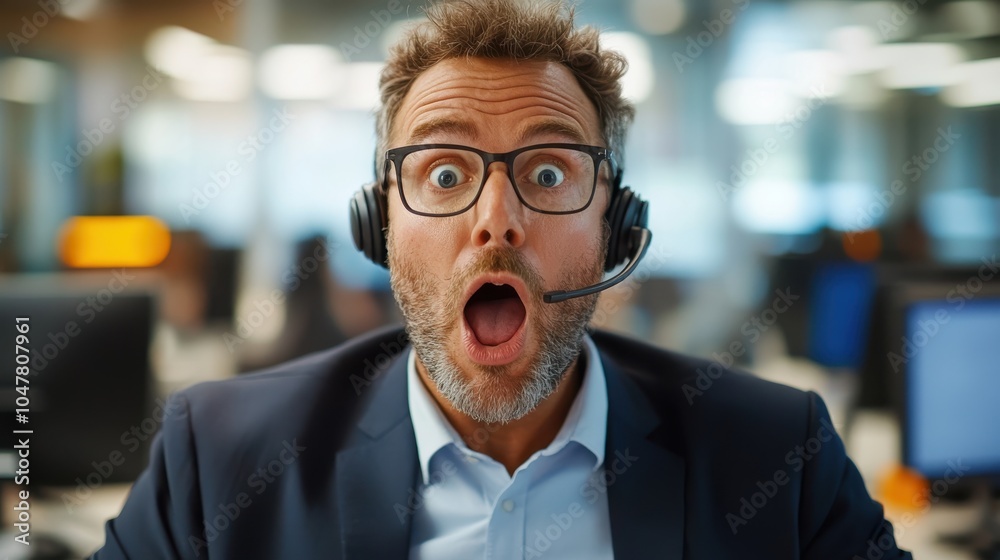 Fototapeta premium Businessman wearing a headset and glasses looks shocked while in an office setting, capturing a moment of shock and surprise while at work in a corporate environment.
