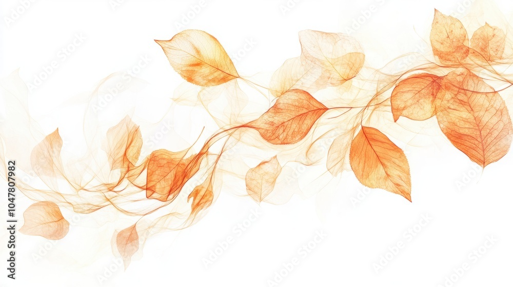 Soft abstract fall design with delicate swirling leaves and glowing orange tones, isolated on white Soft abstract fall design with delicate swirling leaves and glowing orange tones, isolated on white