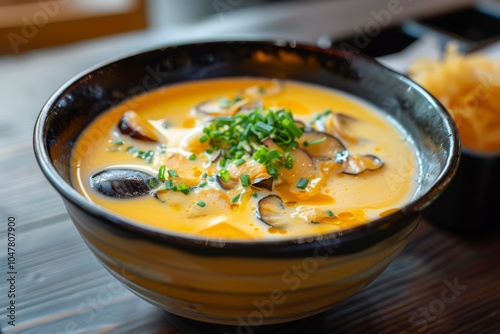 Delicious Creamy Soup With Mushrooms and Scallions