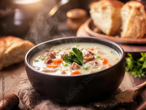 Comfort foods like a steaming bowl of soup, fresh bread, and a cozy kitchen setting, Comforting, Warm, High Detail