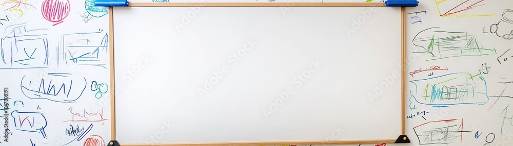 Blank whiteboard with colorful drawings and notes on a white wall. Blank whiteboard with colorful drawings and notes on a white wall.