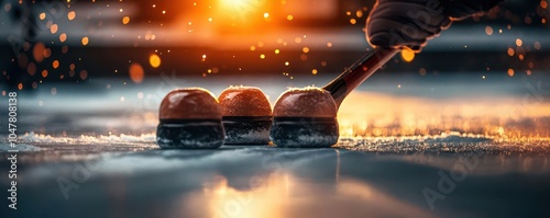 Curling competition in a cozy indoor rink, with players focused on their game, Competitive, Cool Tones, Detailed photo