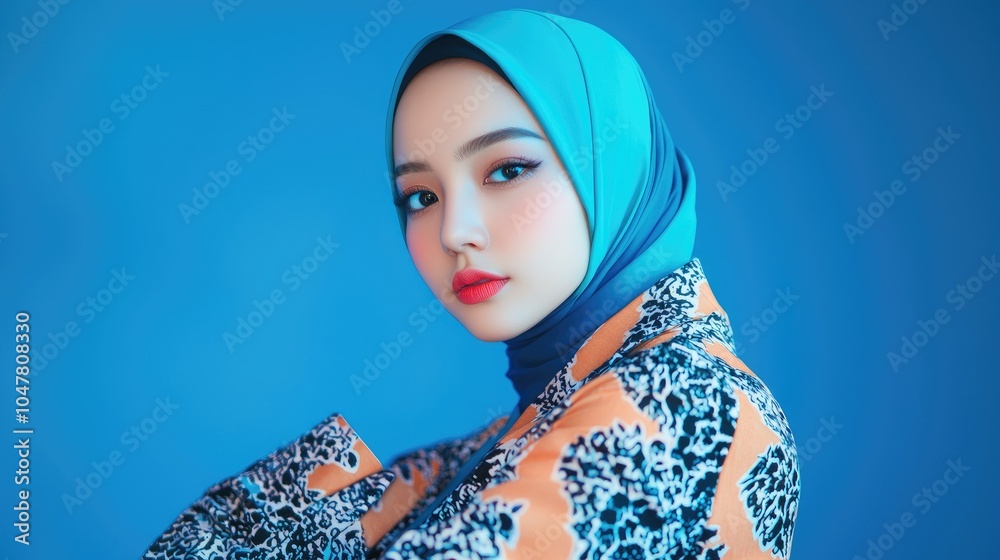 Portrait of a Woman in a Blue Hijab and Floral Patterned Blouse Portrait of a Woman in a Blue Hijab and Floral Patterned Blouse