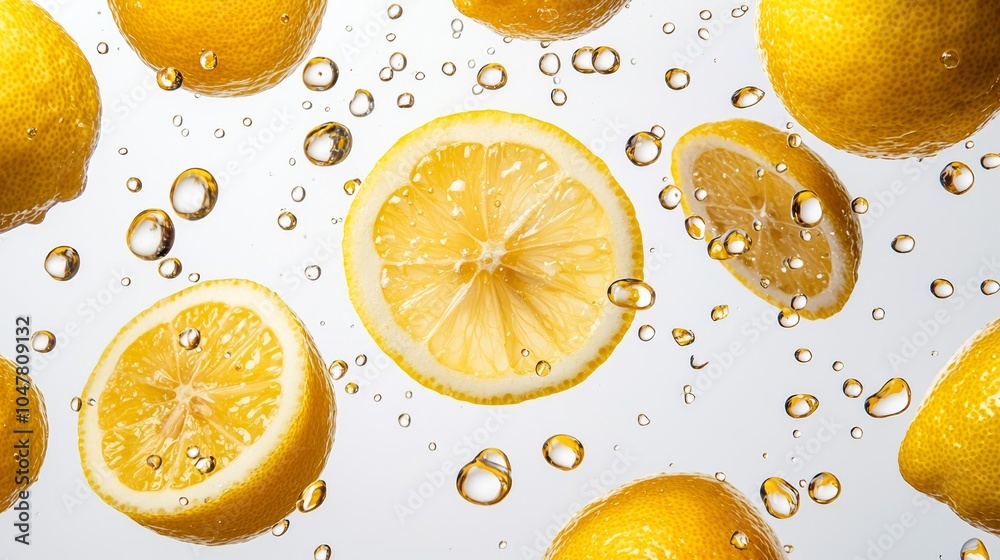 A variety of lemon slices in mid-flight, showing glossy textures and fresh juice droplets, floating over a smooth white background, bright and clean A variety of lemon slices in mid-flight, showing glossy textures and fresh juice droplets, floating over a smooth white background, bright and clean