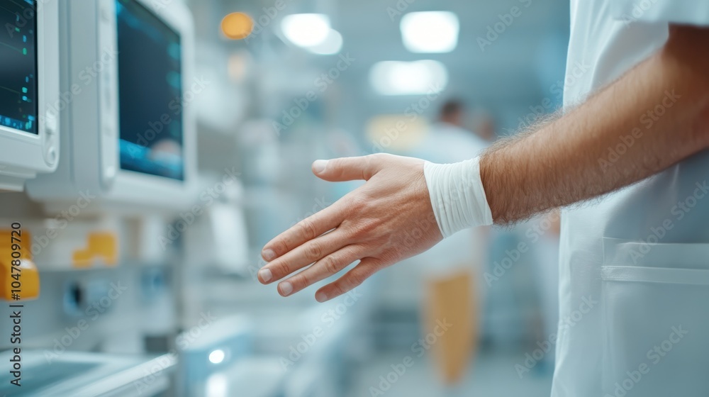 A person with a bandage wrapped around their wrist in a clinical environment, representing the life's fragility and the necessity of medical care and attention. A person with a bandage wrapped around their wrist in a clinical environment, representing the life's fragility and the necessity of medical care and attention.