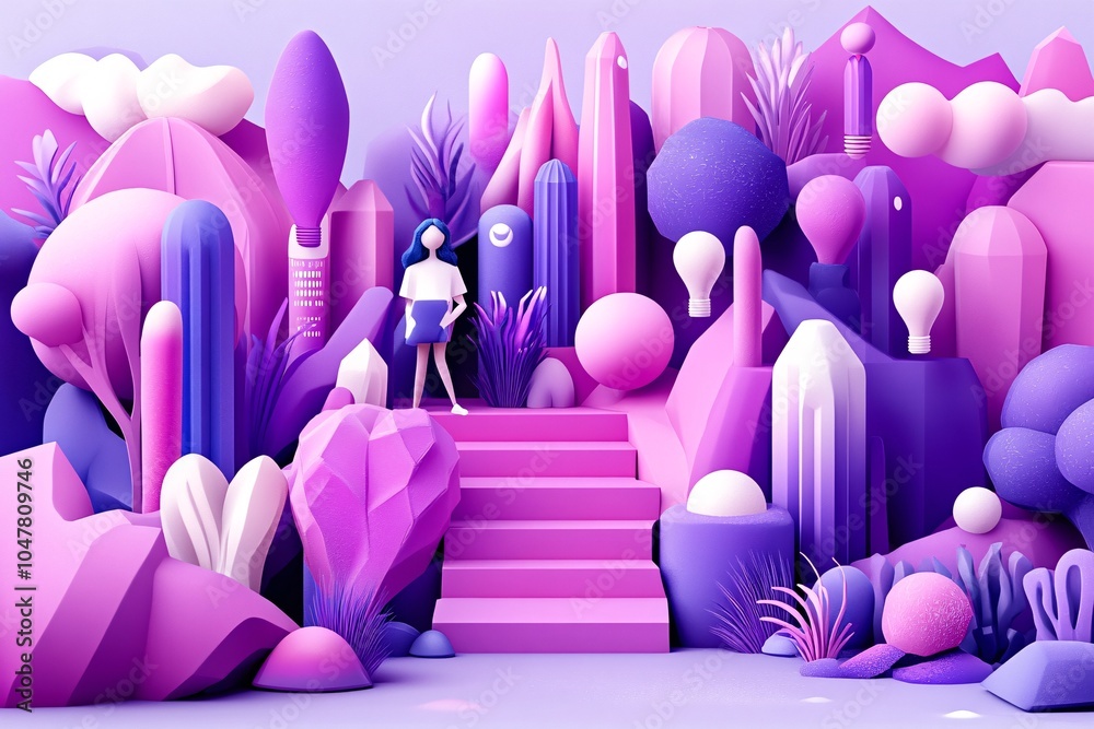 Obraz premium 3D Abstract Illustration of a Woman Standing on Pink Stairs in a Surreal Landscape with Li