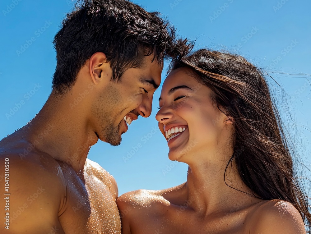 A close-up of a man and woman in minimal clothing, their faces filled with laughter as they embrace under a bright blue sky, love and joy captured in every detail A close-up of a man and woman in minimal clothing, their faces filled with laughter as they embrace under a bright blue sky, love and joy captured in every detail