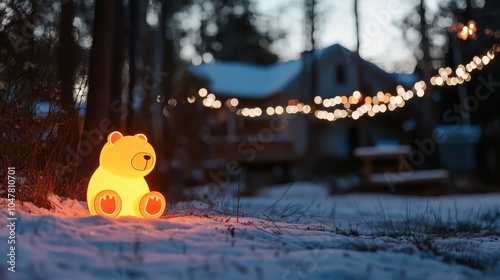 An illuminated bear-shaped lamp sits on the snowy ground in a serene forest setting, with soft, ambient lights in the background hinting at a cozy home nearby. photo