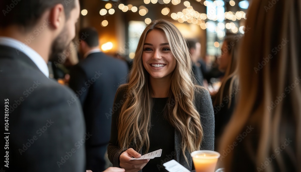 Networking event during the holiday season, with professionals exchanging business cards and ideas, Social, Warm, High Energy