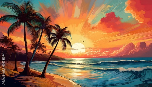 Vibrant summer collage of palm trees and a stunning beach sunset blending with ocean waves on a tropical evening. Generative AI