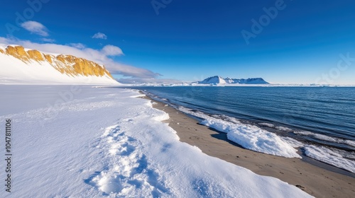 A unique scene where sandy shores meet snowy lands, extending towards distant rugged mountains under clear blue skies, showcasing a rare blend of terrains and elements.