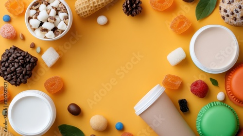 An artful arrangement of brightly colored candies and cups scattered over a vivid yellow backdrop, showcasing a whimsical display of delightful confectionery charm. photo