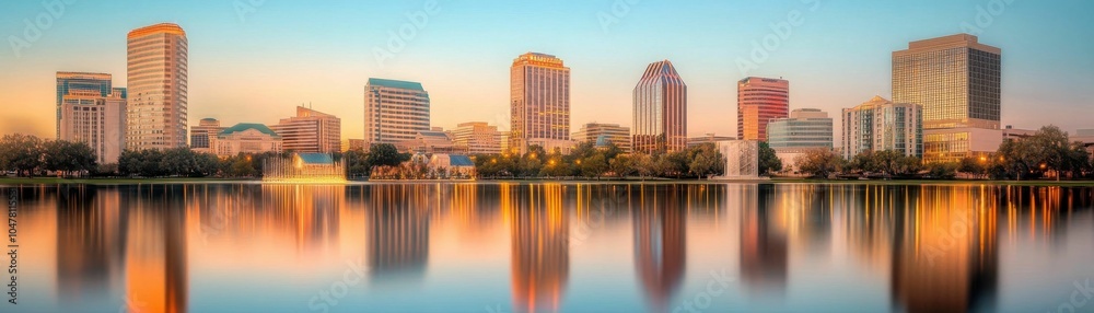 A modern city skyline with tall buildings reflecting in calm water at sunset. Trees line the waterfront, and lights are illuminated. A modern city skyline with tall buildings reflecting in calm water at sunset. Trees line the waterfront, and lights are illuminated.