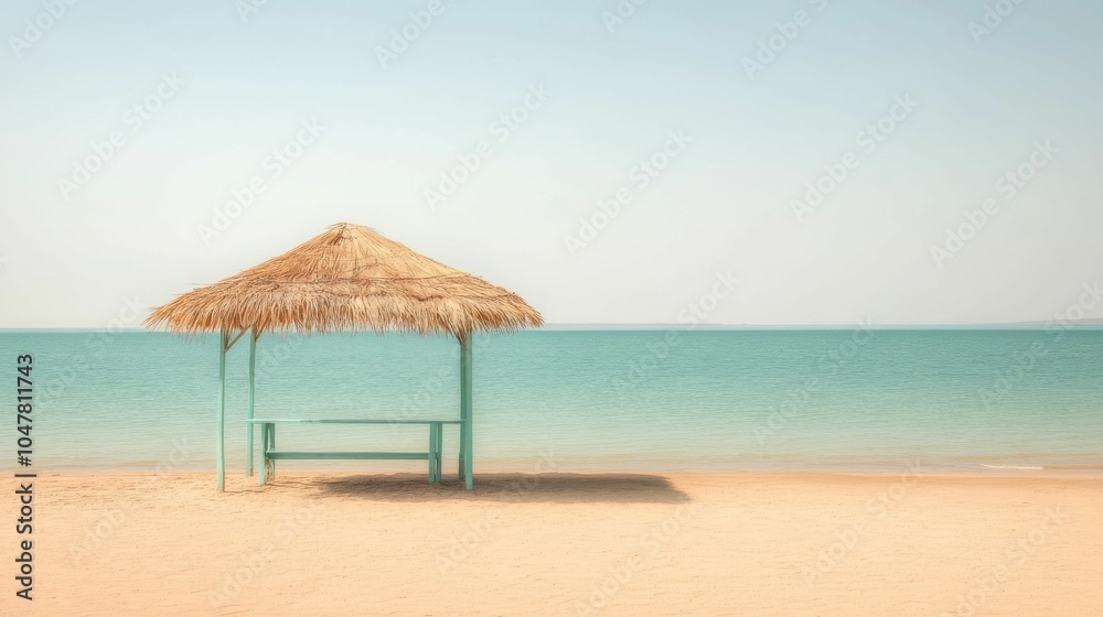 Thatched shade hut on a sandy beach with a turquoise sea and clear sky in the background, creating a calm and relaxing coastal scene.. Thatched shade hut on a sandy beach with a turquoise sea and clear sky in the background, creating a calm and relaxing coastal scene..