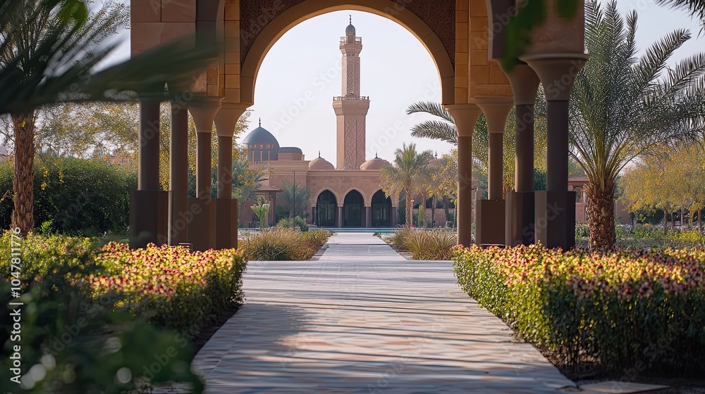 Naklejka premium A paved walkway leads to a mosque with a minaret in the background, framed by an archway and lush greenery.