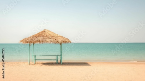 Thatched shade hut on a sandy beach with a turquoise sea and clear sky in the background, creating a calm and relaxing coastal scene..