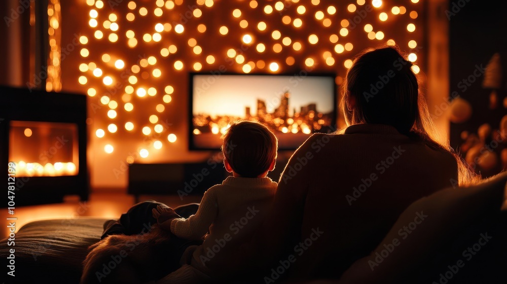 Video calls with family during the holidays, screens glowing softly in a warm living room, Connected, Warm, Detailed Video calls with family during the holidays, screens glowing softly in a warm living room, Connected, Warm, Detailed