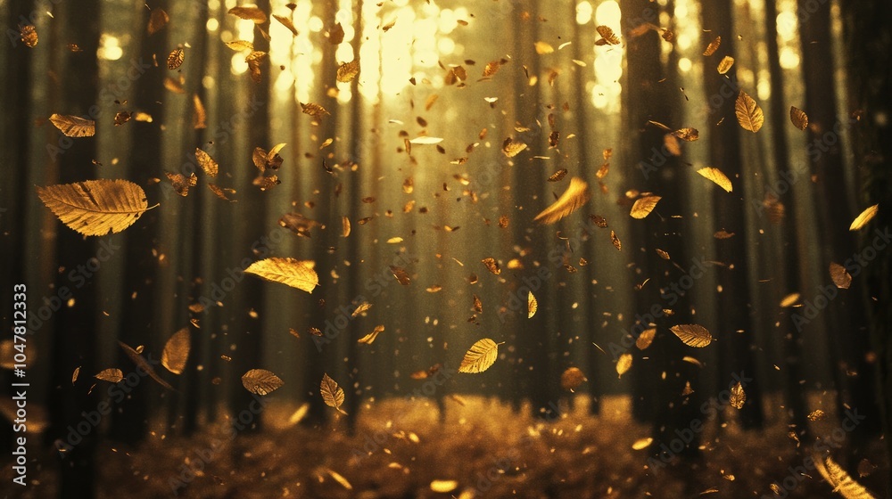 Obraz premium Golden leaves drifting from trees in a peaceful autumn forest, symbolizing the serene beauty and cyclical nature of life