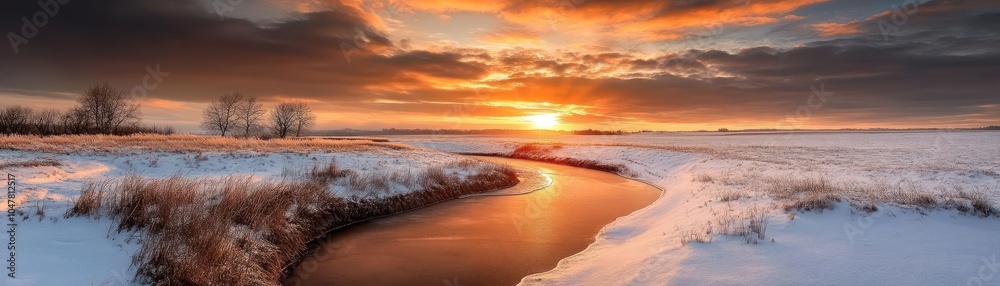Fototapeta premium Winter sunset with vibrant colors painting the sky, and snow-covered fields below, Majestic, Warm Tones, Wide Shot