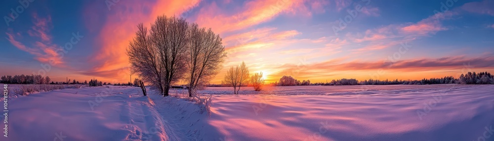 Winter sunset with vibrant colors painting the sky, and snow-covered fields below, Majestic, Warm Tones, Wide Shot Winter sunset with vibrant colors painting the sky, and snow-covered fields below, Majestic, Warm Tones, Wide Shot