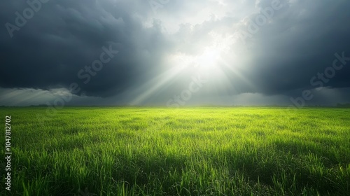 A dramatic sunbeam piercing through dark rain clouds, illuminating a vibrant green field below, creating a striking contrast against the stormy sky