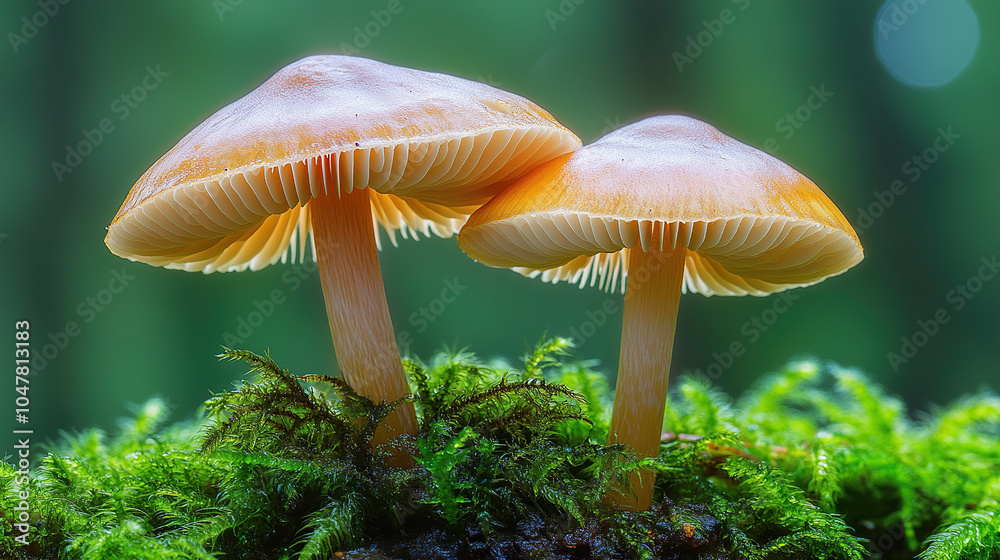 A pair of golden mushrooms grow on mossy wood, close-up A pair of golden mushrooms grow on mossy wood, close-up