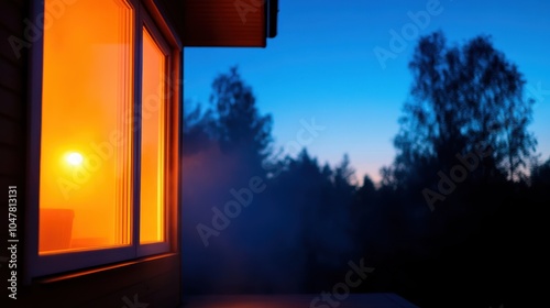 The warm glow from a window contrasts with the silhouette of trees set against a twilight sky, creating a beautifully tranquil and picturesque evening scene. photo