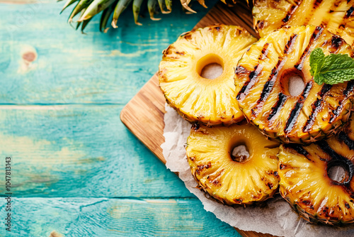 roasted pineapple slices, gratin with background for writing