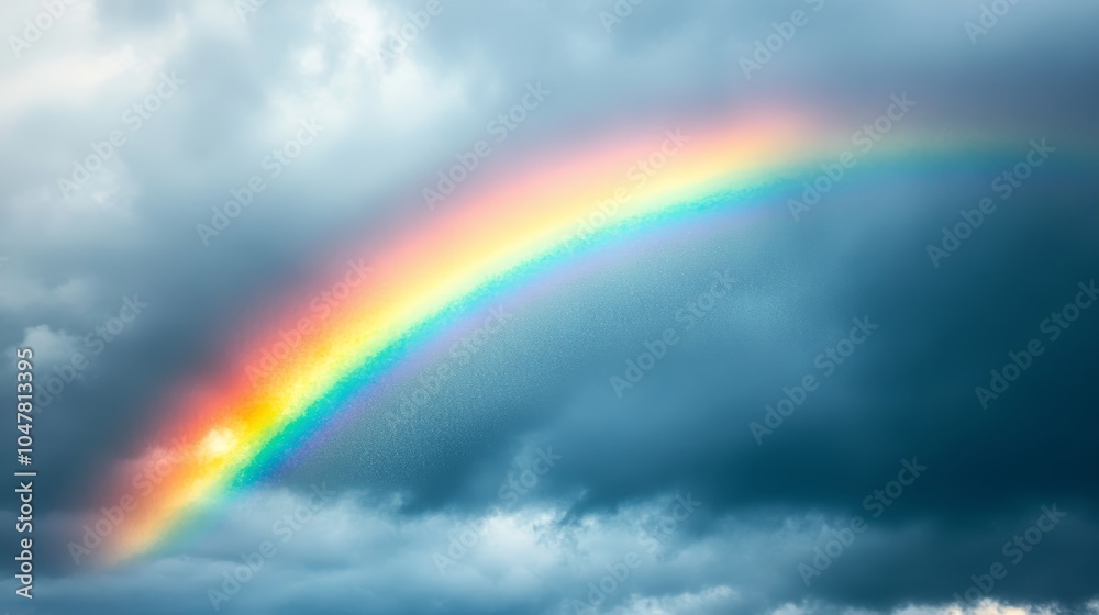 A lone rainbow piercing the thick, grey clouds of a rainy day, its vivid colors standing out as a symbol of beauty and promise in the stormy sky A lone rainbow piercing the thick, grey clouds of a rainy day, its vivid colors standing out as a symbol of beauty and promise in the stormy sky