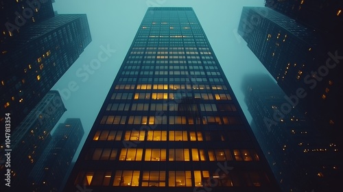 Wallpaper Mural A lone illuminated window glowing in the midst of a towering, shadowy skyscraper, contrasting against the quiet, dimly lit night city Torontodigital.ca
