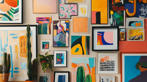 Vibrant art wall with abstract paintings and colorful decor