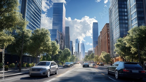 Fototapeta Naklejka Na Ścianę i Meble -  A wide shot of a bustling city street with tall skyscrapers on either side,  blue sky, fluffy clouds, and a line of cars driving down the street.