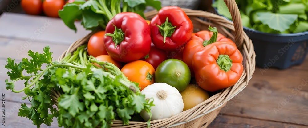 Freshly picked organic vegetables in a rustic basket on a wooden table created with generative AI