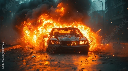 Car explosion on the road with smoke and fire in the background