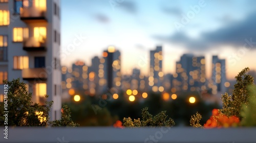 An urban park is silhouetted against a background of blurred city skyscrapers at dusk, illuminated by glowing streetlights and a serene, ambient atmosphere. photo