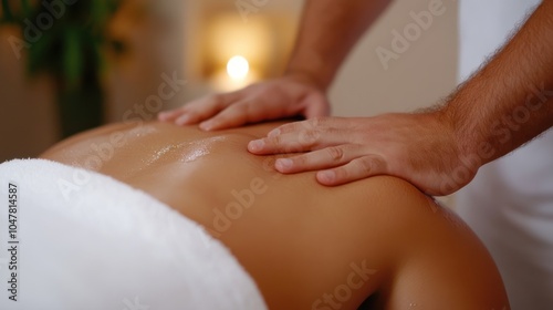 A tranquil setting where hands are applying massage oil to a person's back, illustrating the essence of relaxation and rejuvenation in a peaceful spa environment.