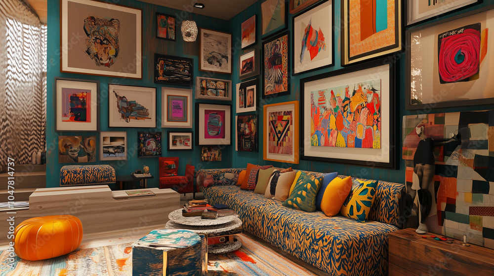 Cozy room with bright abstract art and artistic bohemian style Cozy room with bright abstract art and artistic bohemian style