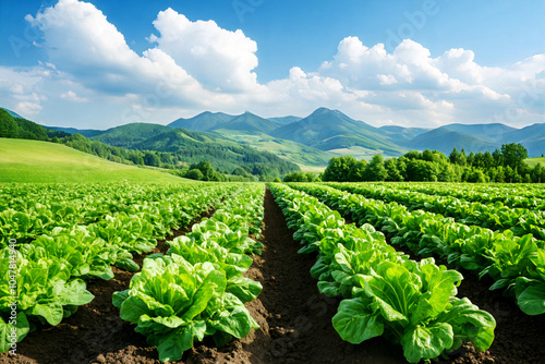 Lush green lettuce fields with distant mountains and blue skies.
