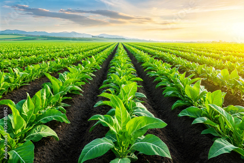Tobacco field with vibrant green plants under a beautiful sunset sky.
