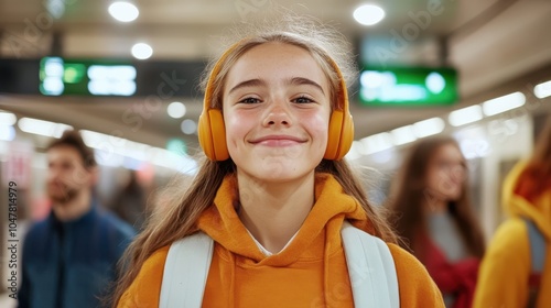 A girl with orange headphones and a white backpack smiles confidently amidst the bustling environment of a modern subway station ready to embark on her journey.
