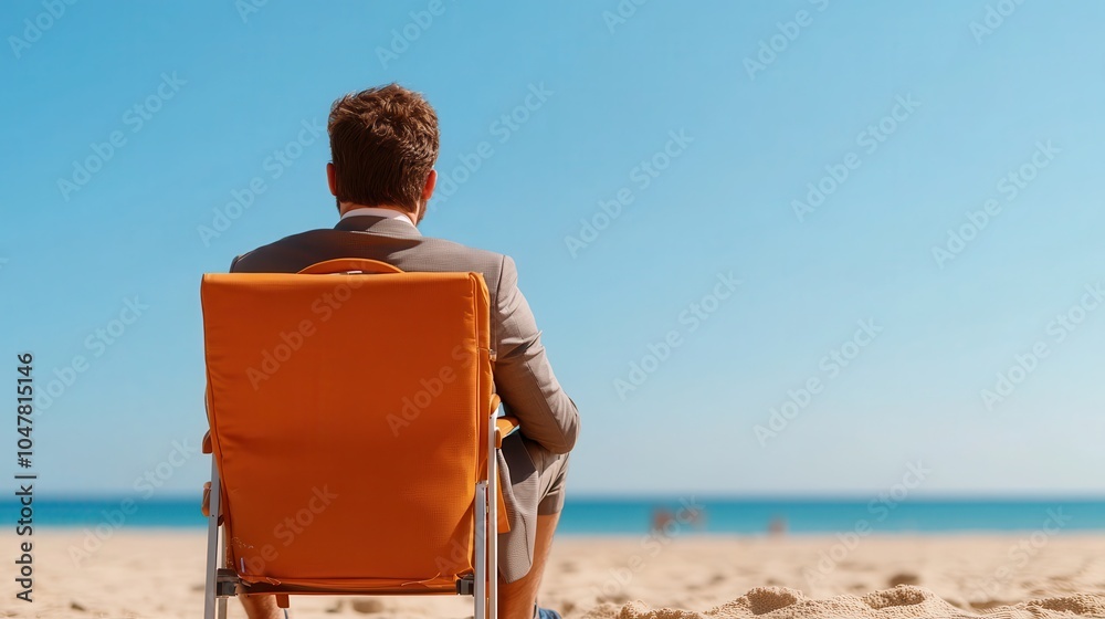 Fototapeta premium A man in a suit is seated on the beach, looking out toward the limitless ocean horizon, symbolizing peace, reflection, and introspective thought.