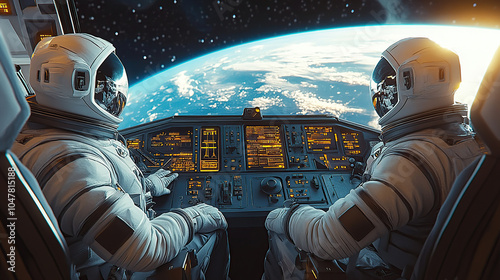 Fototapeta Naklejka Na Ścianę i Meble -  Two astronauts in space suits sit at the control panel of their spaceship