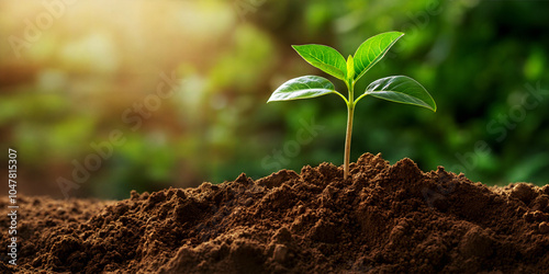 Green plant sprouting from rich soil under soft sunlight.