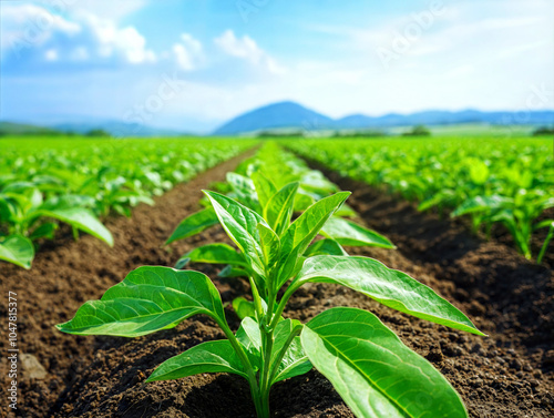 Green plants growing in fertile soil, with a scenic landscape in the background.
