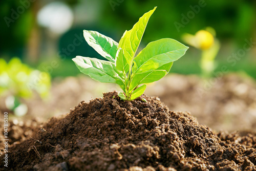 Green plant sprouting from rich soil in a natural garden setting.
