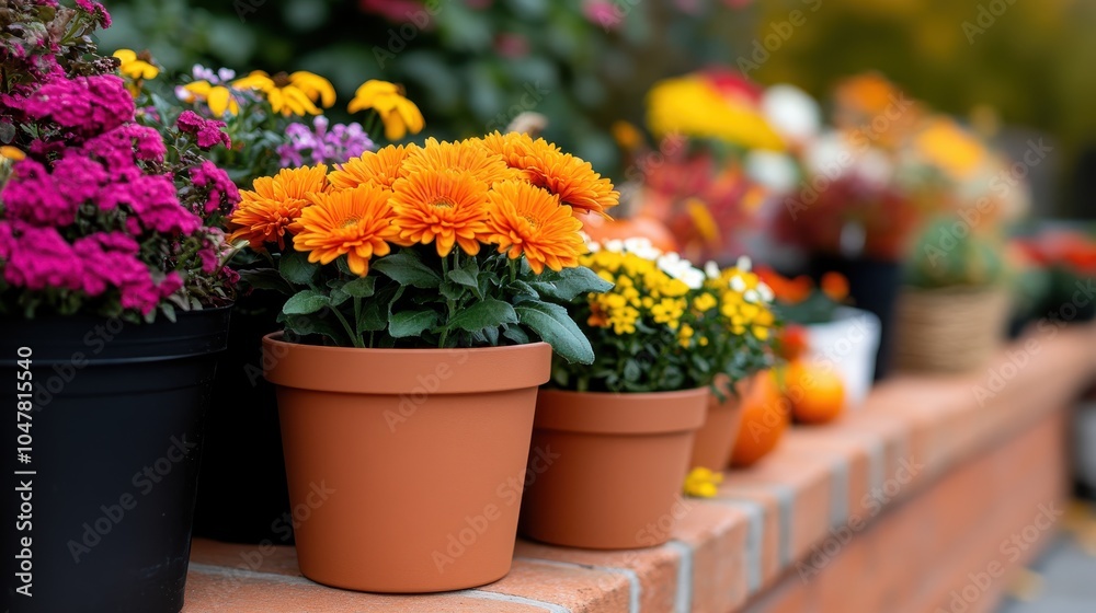 A variety of autumn-colored flowers in pots sit on a brick surface, accompanied by pumpkins, representing the vibrant charm and warmth of the season.